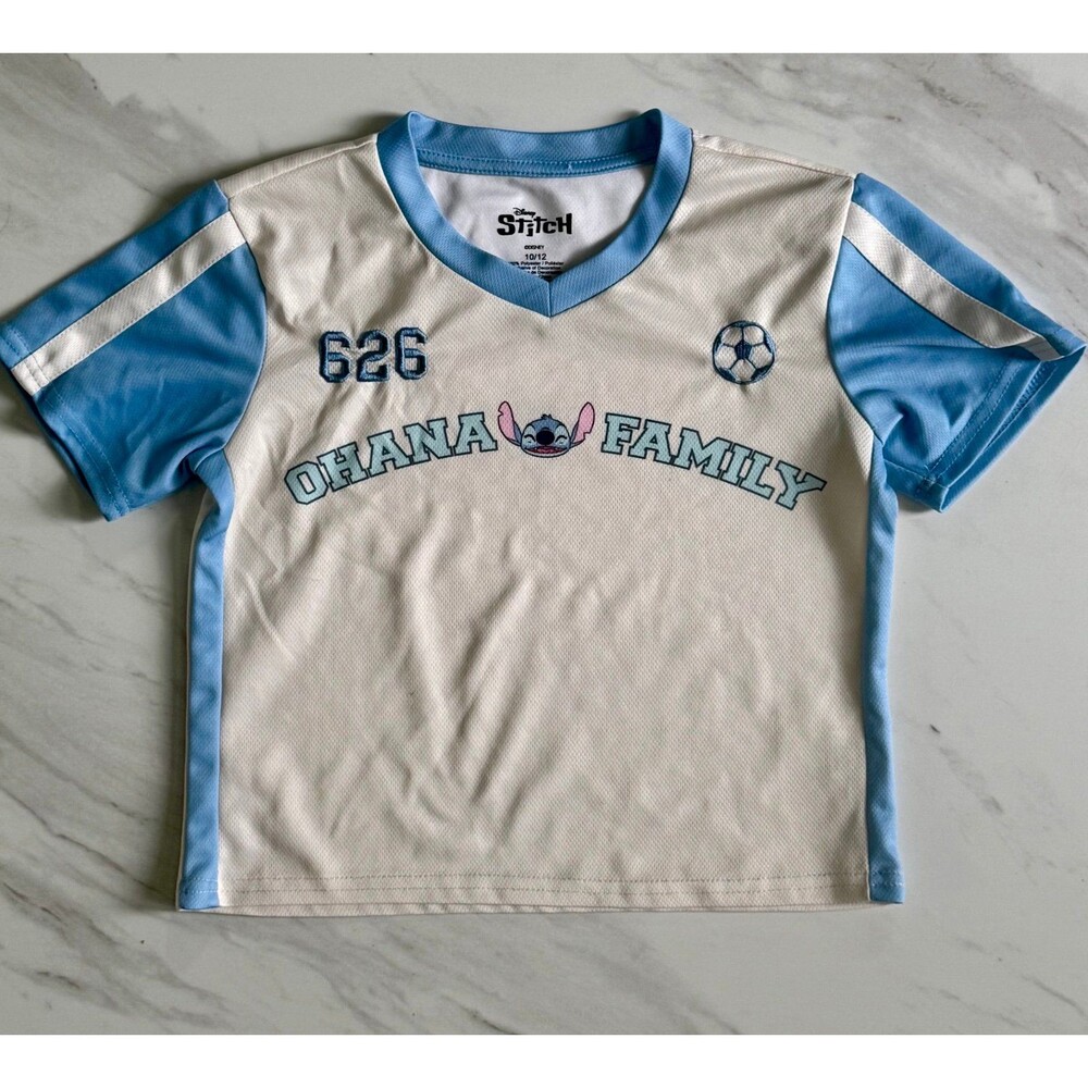 DISNEY Stitch Soccer L (10-12) Ohana Family Jersey Cream White Blue